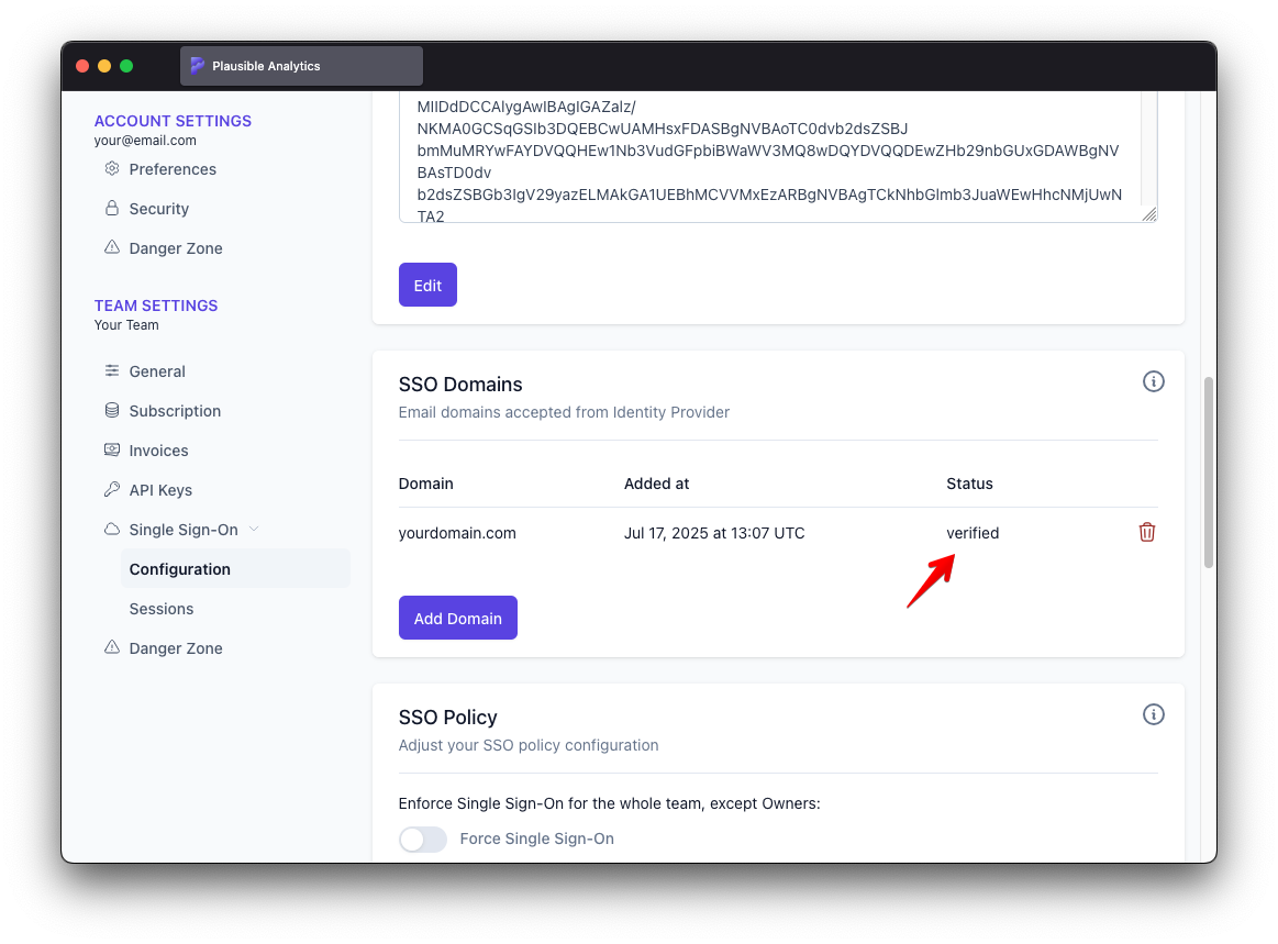 Verified SSO domain