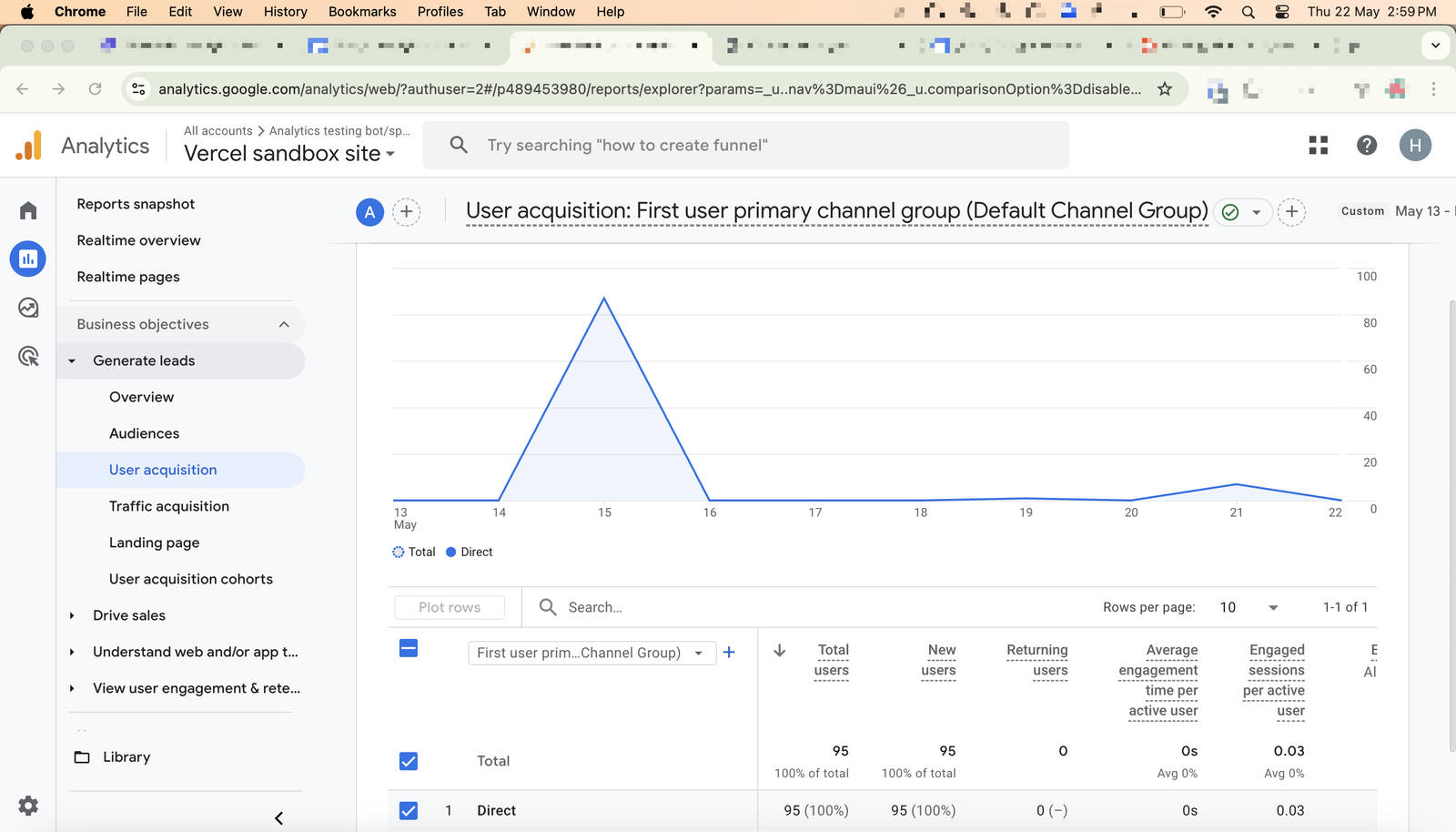 User acquisition report in GA4 showing bot traffic